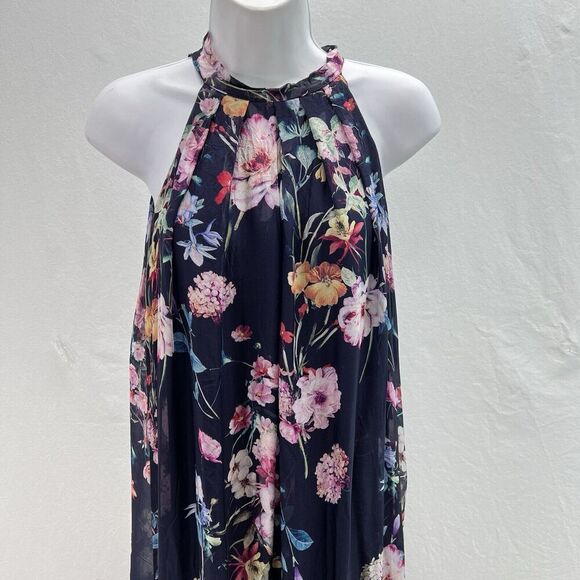 Bellambra Maxi Dress M Made in Italy Silk Blend Navy Blue Floral Halter Lined - Picture 2 of 13